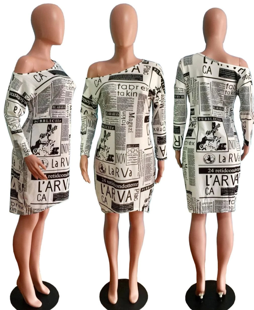 Women's off shoulder newspaper vintage Dress