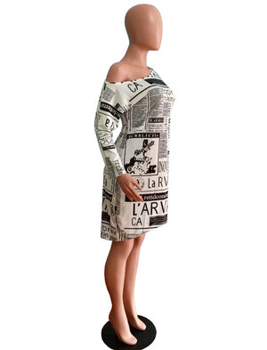 Women's off shoulder newspaper vintage Dress