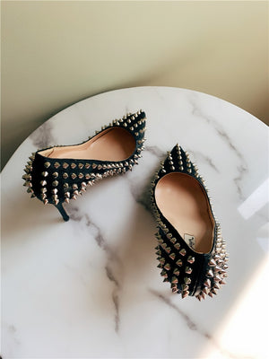 Women's Pumps Black  leather spikes point toe  Stiletto Heels
