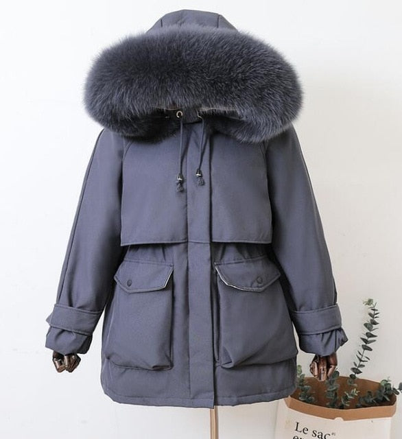 Women's Parka Raccoon Fox Fur Hooded Winter Down  Jacket
