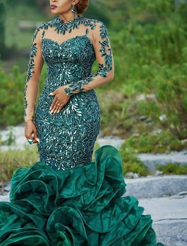 Green Evening Gowns with Lace