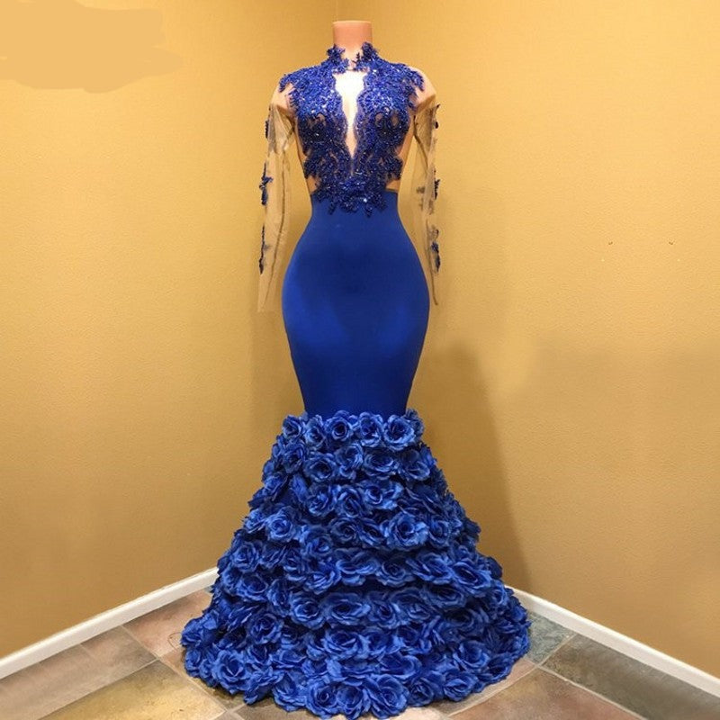 Royal Blue Evening Dress Flowers Lace