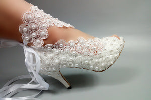 Women's  White Flower Lace-up  wedding shoes