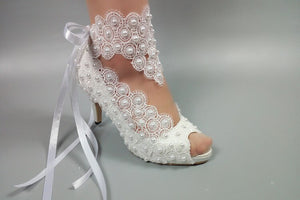 Women's  White Flower Lace-up  wedding shoes