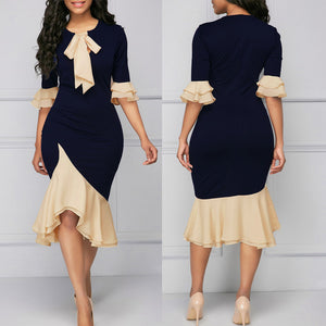 Women Dress Fashion Elegant Bow Ruffles Stitching Dress Blue 