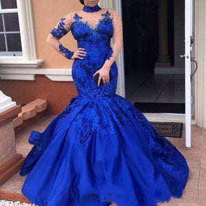 Women's  Evening   Royal Blue Evening Dress High Neck Long Sleeves Lace Appliques Evening Gowns Plus Size Satin Mermaid Formal Wear Elegant